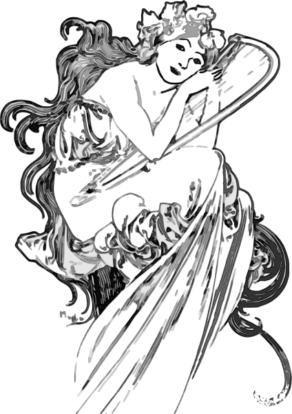 Woman with Harp coloring page image