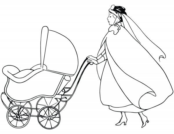 Woman with Pram coloring page image