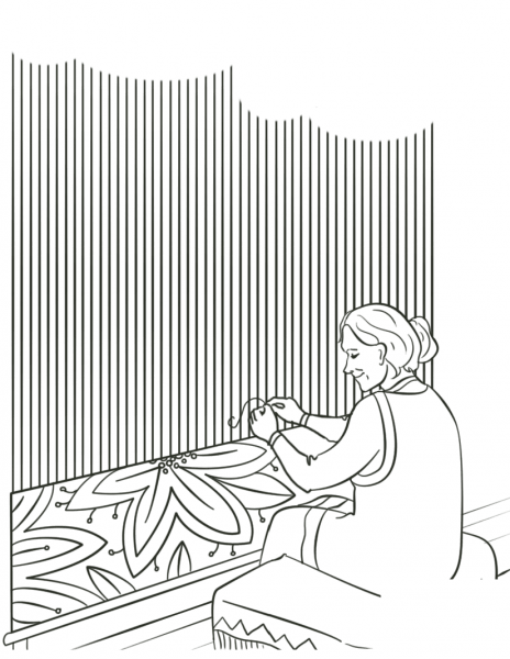 Woman Works at Vertical Loom coloring page image