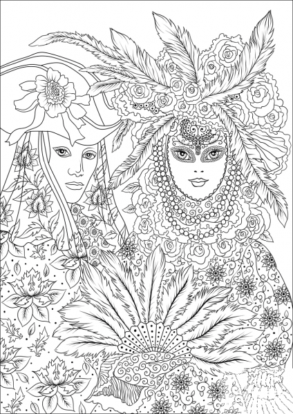 Women Wearing Masks at the Carnival of Venice coloring page image