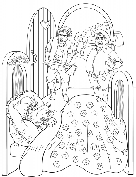 Woodcutters Run into House and See the Sleeping Wolf Who Swallowed Grandma and Little Red Riding Hood coloring page image