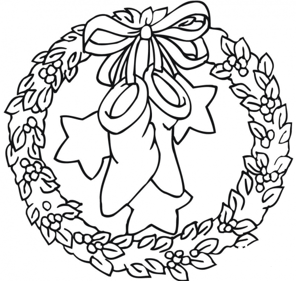 Wreath with Bow Holding Stockings and Stars coloring page image
