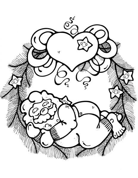 Wreath with Sleeping Santa Claus Decorated with Hearts and Stars coloring page image