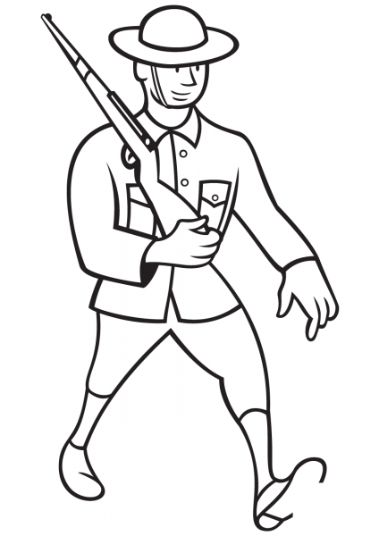 WW1 British Soldier Marching with Rifle coloring page image