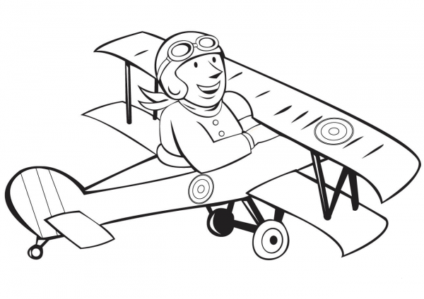 WW1 French Pilot on Biplane coloring page image