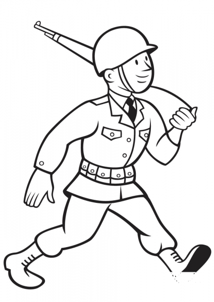 WW2 American Soldier Marching with Rifle coloring page image