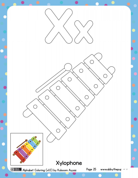 X is for Xylophone coloring page image