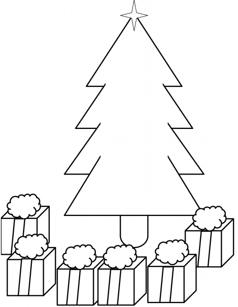 Xmas Tree with Presents Under It coloring page image