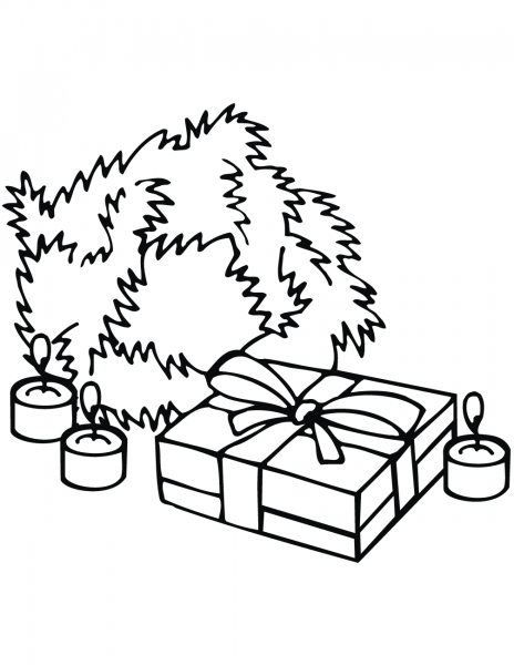 Xmas Wreath, Candles and Gift Box coloring page image