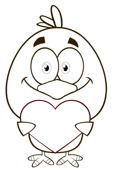 Yellow Chick Cartoon Character Holding Valentine Love Heart coloring page image