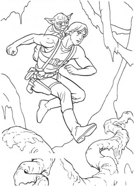 Yoda riding on Luke Skywalker’s back coloring page image