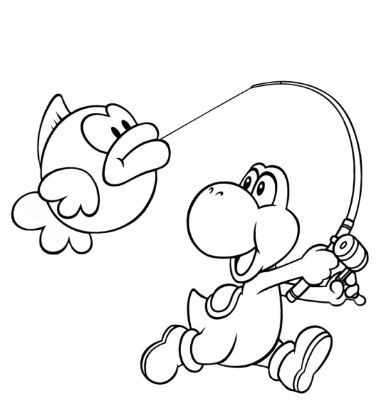 Yoshi Catches Cheep Cheep Fish coloring page image