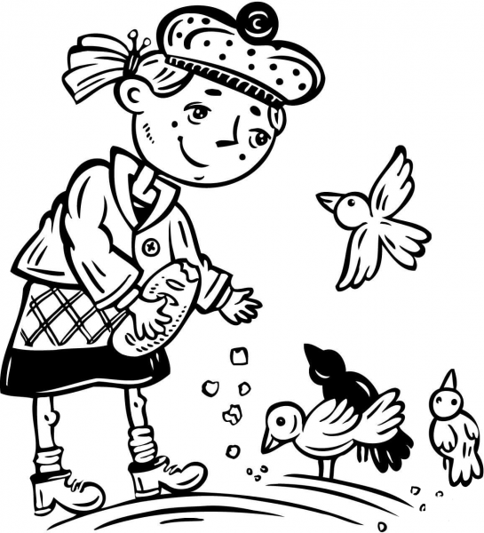 Young Girl Feeding the Birds coloring page image