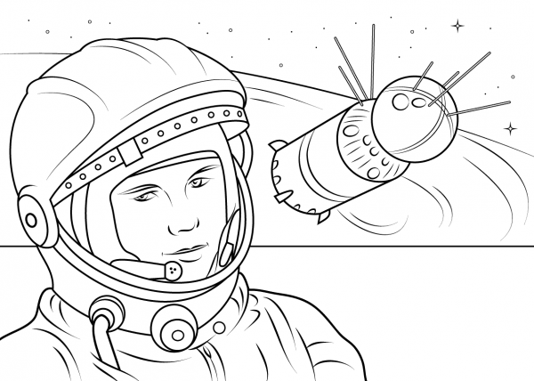 Yuri Gagarin and Vostok Spacecraft coloring page image