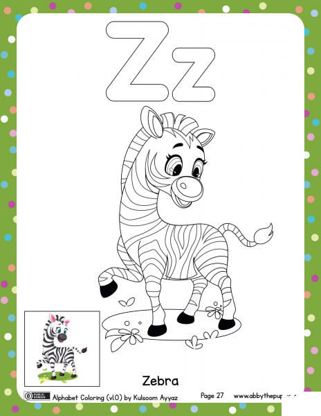 Z is for Zebra coloring page image