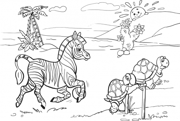Zebra and Turtles are Running over Barrier During Marathon coloring page image