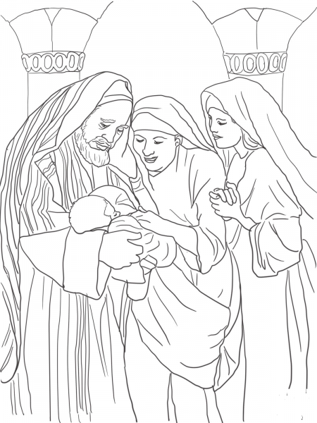 Zechariah, Elizabeth and Baby John the Baptist coloring page image