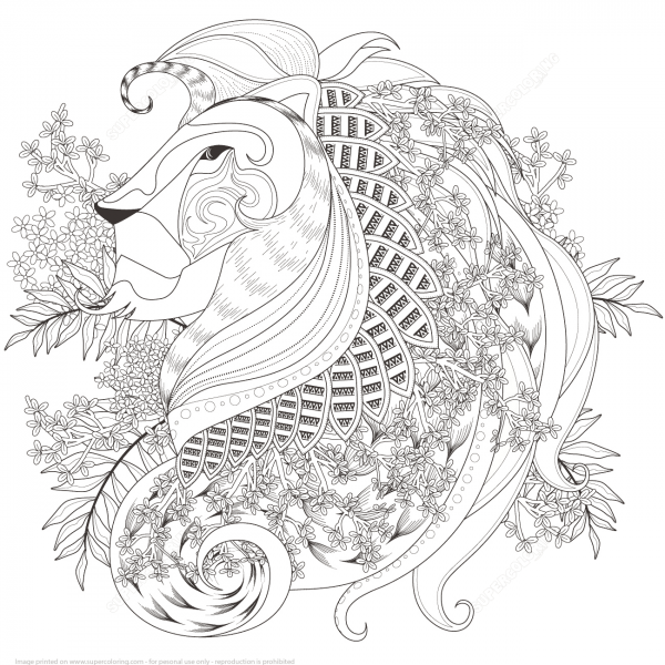 Zentagle Lion with Floral Elements coloring page image
