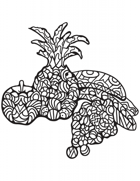 Zentangle Apple, Pineapple, Bananas and Grape coloring page image