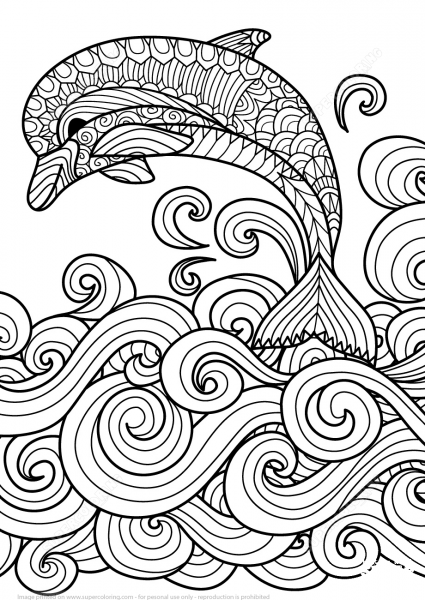 Zentangle Dolphin with Scrolling Sea Wave coloring page image