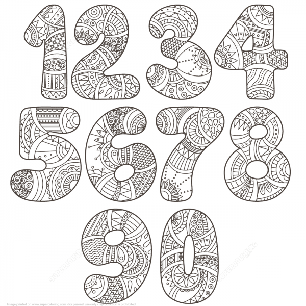 Zentangle Numbers Set 0 9 coloring page image