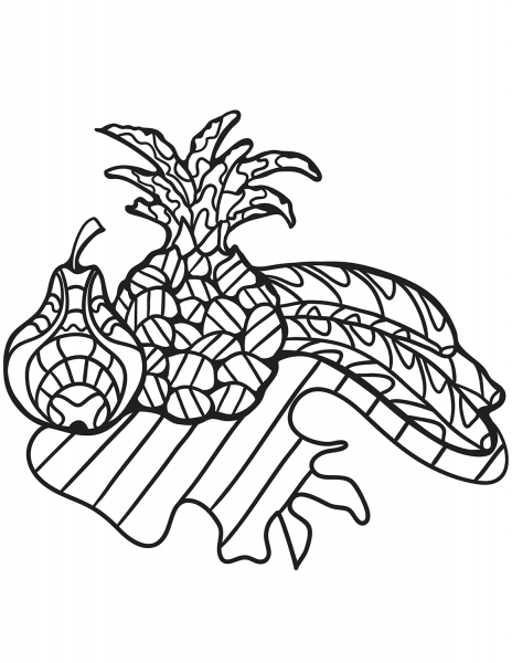 Zentangle Pear, Pineapple and Bananas coloring page image