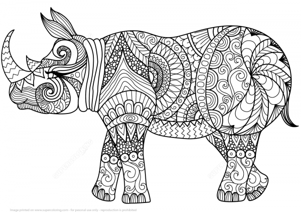 Zentangle Rhino coloring page image