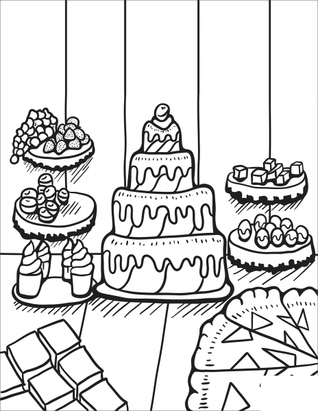Zentangle Table with Desserts coloring page image