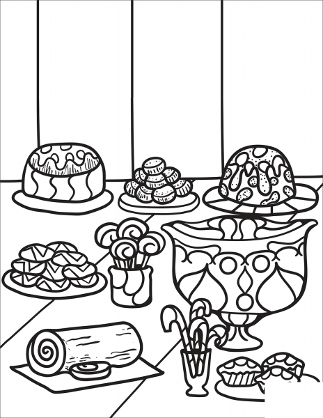 Zentangle Table with Desserts coloring page image
