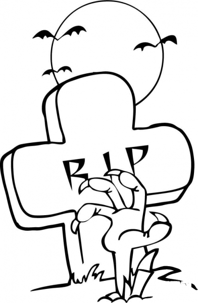Zombie Hand Coming out Under a Tombstone in Halloween coloring page image