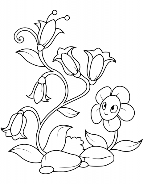 Bellflowers and Funny Flower Character coloring page image