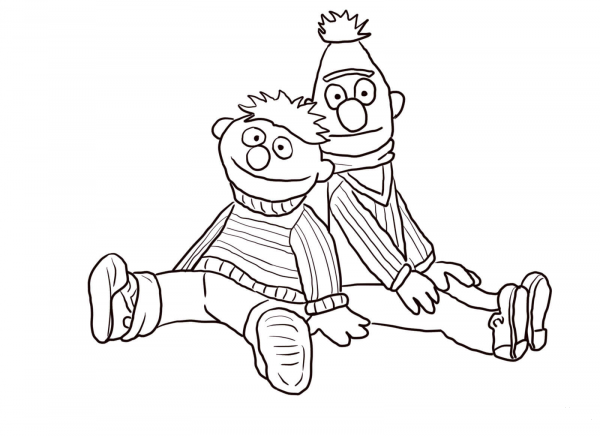Bert and Ernie Sitting and Leaning coloring page image