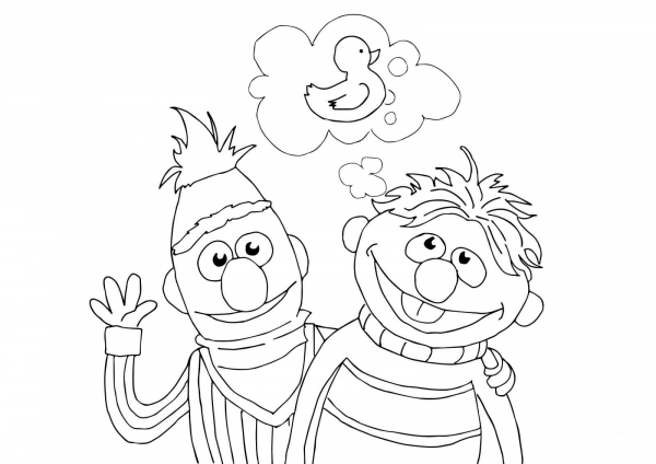 Bert, Ernie and Rubber Duckie coloring page image