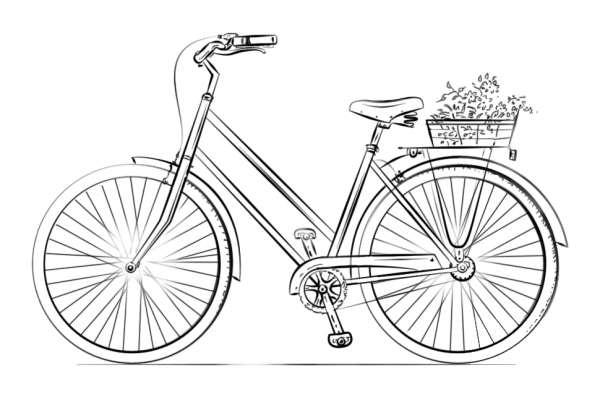 Bicycle with flower basket coloring page image