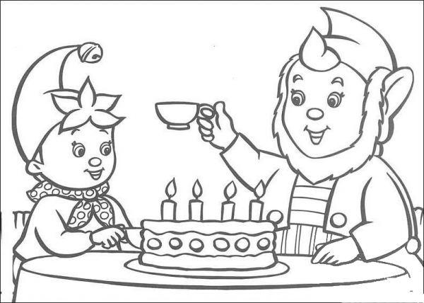 Big-Ears Offers A Cup Of Tea to Noddy. A birthday cake is on the table. coloring page image