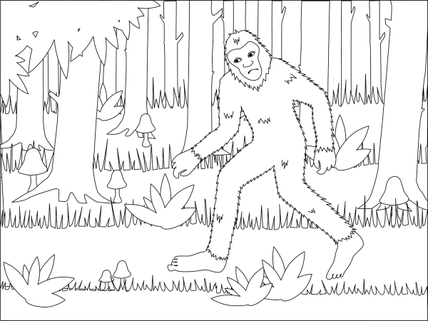 Bigfoot in the Forest coloring page image