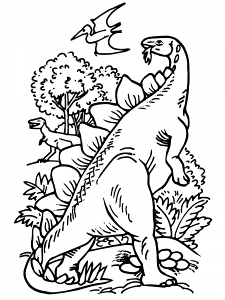 Bipedal Stegosaurus and Pteranodon coloring page image
