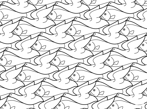 Bird Fish Tessellation by M.C. Escher coloring page image