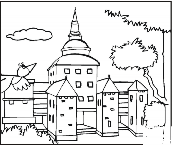 Bird Is Flying To Big Mansion  coloring page image