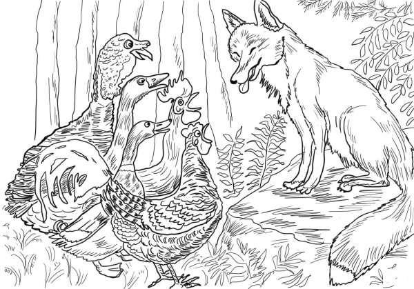Birds and Fox from Henny Penny coloring page image