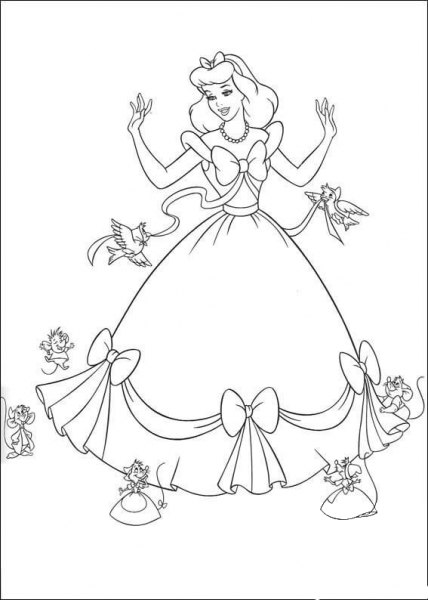Birds And Mice Help Cinderella  coloring page image