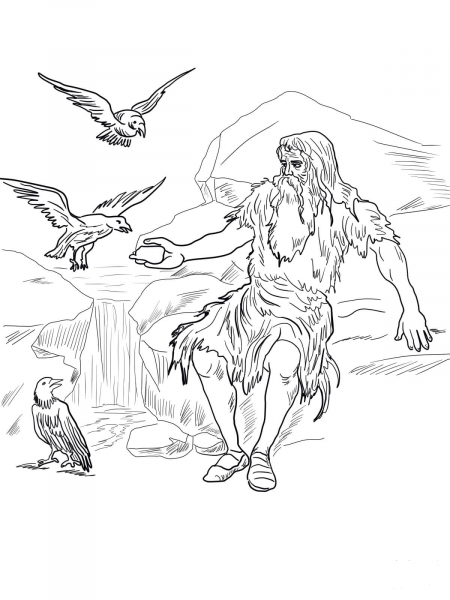 Birds Feed Elijah coloring page image