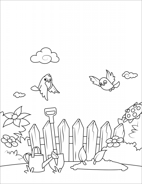 Birds Fly Over the Garden coloring page image