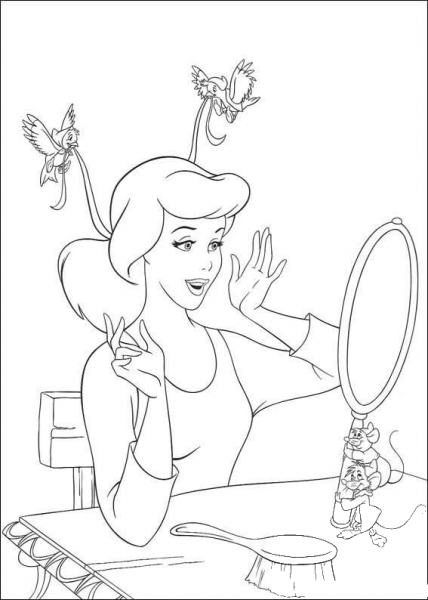 Birds Help Cinderella To Make Her Ribbon  coloring page image
