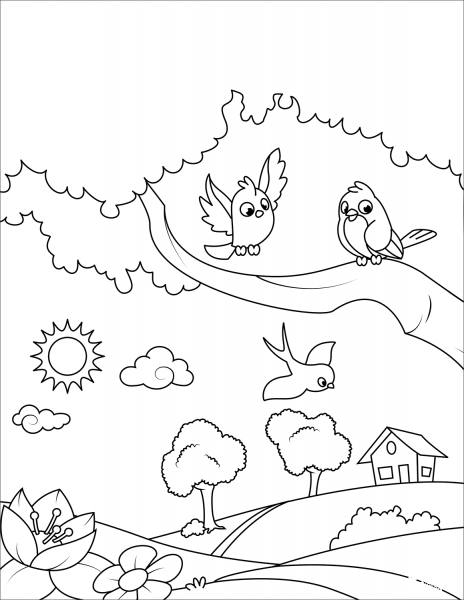 Birds in the Village coloring page image