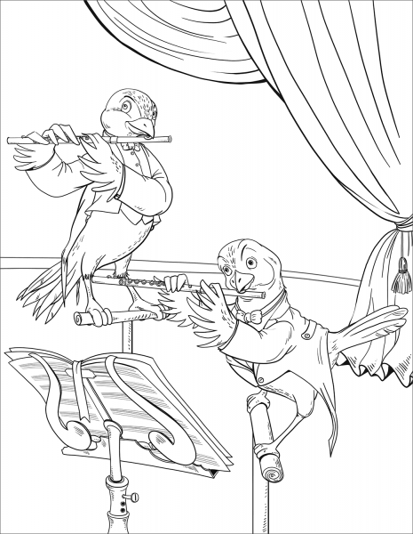 Birds Playing the Flute coloring page image