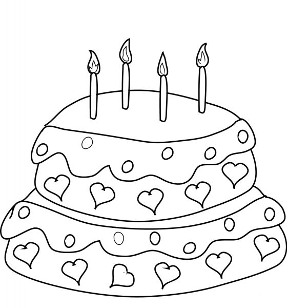 Birthday Cake with Four Candles coloring page image