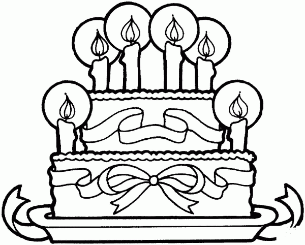 Birthday cake with ribbons coloring page image