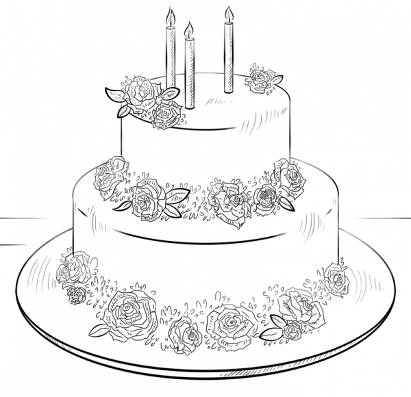 Birthday cake with roses coloring page image