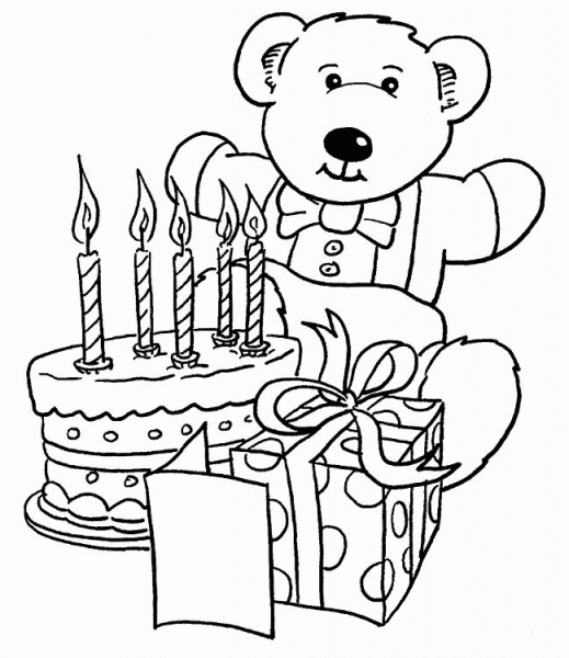 Birthday gifts and teddy bear coloring page image